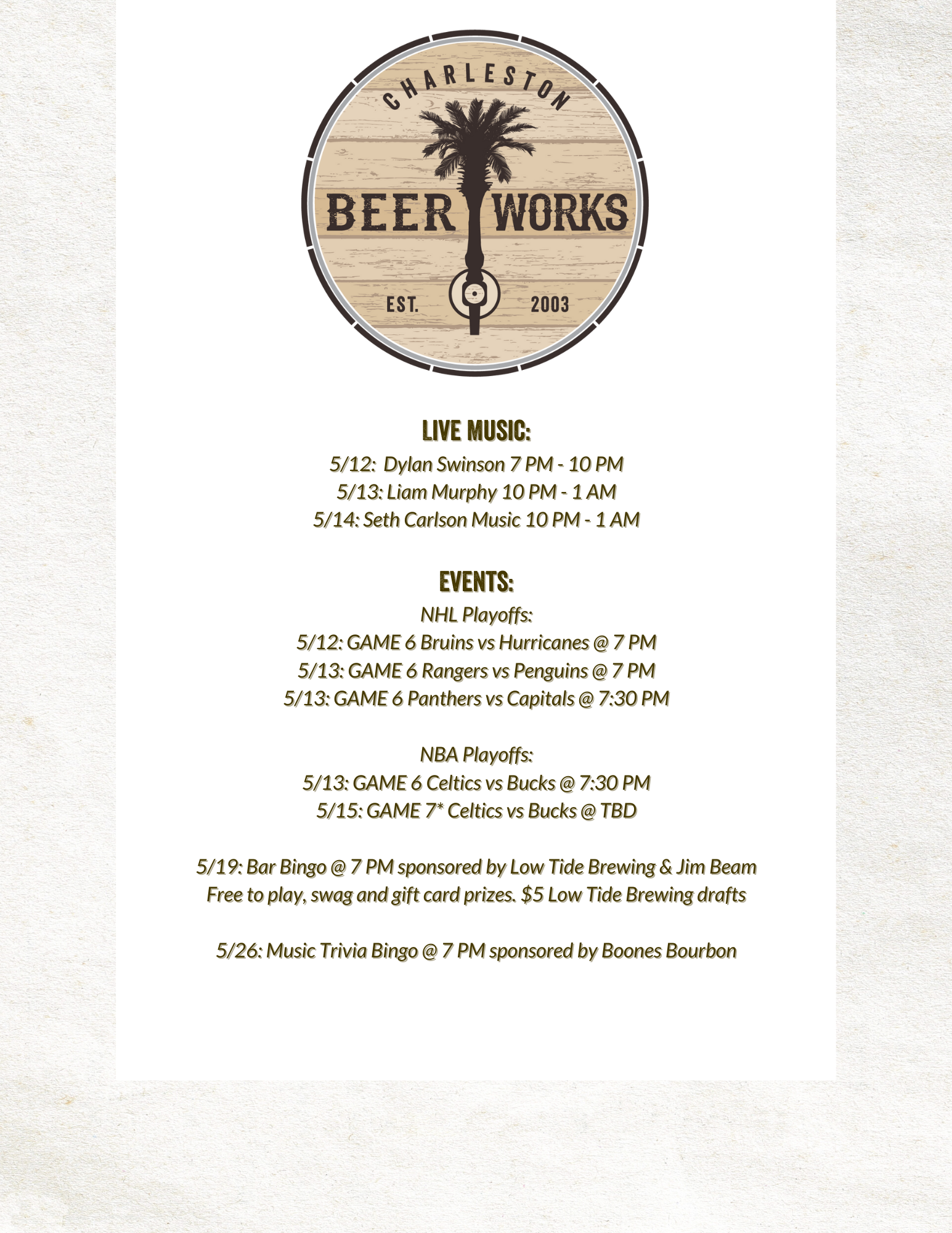 Charleston Beer Works May Events